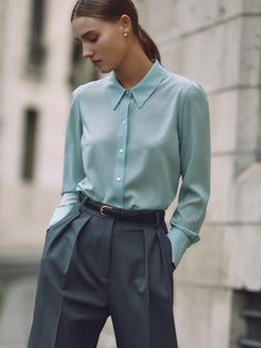 Timeless Fitted Blouse For Work, Timeless Formal Blouse, Timeless Fitted Semi-formal Blouse, Timeless Semi-formal Fitted Blouse, Luxury Silk Blouse For Office, Elegant Formal Top With Collar, Timeless Silk Collared Blouse, Classic Silk Blouse For Fall, Formal Silk Top With Collared Neckline