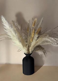 there is a black vase with some white feathers in it on the table next to a wall