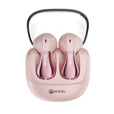 two pink earbuds sitting in a case on top of a white surface with the words ronn printed on it