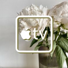 a vase filled with white flowers sitting on top of a wooden table next to an apple tv logo