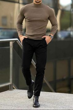 Male Outfits Turtleneck, Bissness Casual Men, Mens Black Business Casual, Mens Brown Turtleneck Outfit, Business Man Casual Outfits, Turtleneck With Jeans Men, Sweater And Suit Men, Mens Fashion Black Jeans, Men Dress Casual Outfits