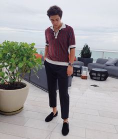 a young man standing on top of a roof next to a potted plant in front of him