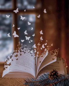 an open book with butterflies flying out of it