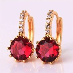 Feshionn IOBI Earrings Yellow Gold plated Ruby Red CZ Solitaire White Or Yellow Gold Hoop Earrings Delicate Bridal Earrings, Vintage Wedding Earrings, Wedding Earrings Vintage, Filigree Hoop Earrings, Ruby Color, Horse Earrings, Zirconia Earrings, Cz Earrings, Earrings Collection