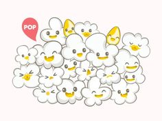 a bunch of small white birds with yellow beaks and eyes are in the middle of a pile