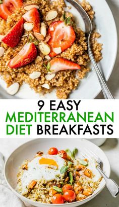 two different pictures with the words 9 easy mediterranean diet breakfasts on top and bottom