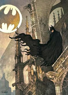 batman flying over the city with his caped head in front of an old clock tower