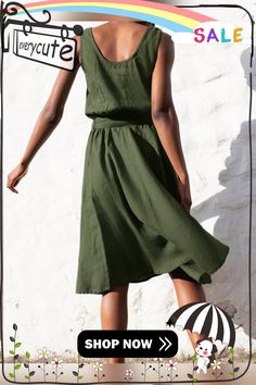 Women Solid Sleeveless Crew Neck Dress with Belt Green Sleeveless Midi Dress For Summer, Sleeveless Green Midi Dress For Day Out, Crew Neck Dress, Crewneck Dress, Dress With Belt, Customer Support, Neck Dress, Shop Now, Fast Delivery