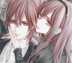 two anime characters with long red hair and black clothes, one holding the other's face