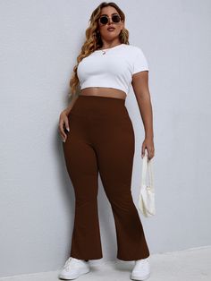 Coffee Brown Casual   Polyester Plain Flare Leg Embellished Medium Stretch Spring/Summer/Fall Plus Size Bottoms Ribbed Flare Pants Outfit, Black Flare Leggings Outfit, Flared Trousers Outfit, Black Flare Pants Outfit, Flare Leggings Outfit, Flare Leg Pants Outfit, Black Flared Leggings, Black Pants Outfit, Black Flare Pants