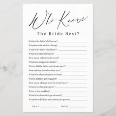 the bride's best question card is shown