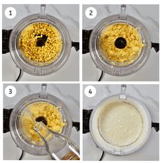 four pictures showing how to make corn in a blender