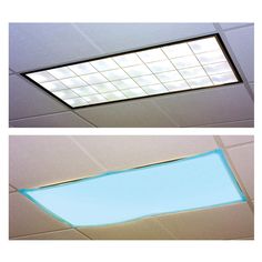 two different views of a skylight in the ceiling and on the wall above it