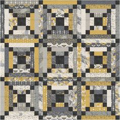 a black and yellow patchwork quilt with white, gray, and yellow squares on it