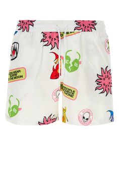 Printed Polyester Swimming Shorts from GCDS Graphic Print Beachwear Shorts, Graphic Print Short Beachwear Bottoms, White Graphic Print Bottoms For Beach Season, White Graphic Print Beach Bottoms, Heel Accessories, Swimming Shorts, Officine Creative, Burberry Hat, Print Swimsuit