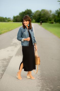 Black Maxi Dress and Denim Jacket Black With Denim Outfit, Maxi Dress And Jean Jacket Outfit, Black Dress Blue Jean Jacket, Denim Jacket Over Dress Outfit, Denim Jacket Black Dress, Black Dress With Blue Jean Jacket, Maxi Dress Denim Jacket Outfit, Maxi Dress And Jacket, Womens Jean Jacket Outfit