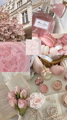 the collage shows pink flowers, pearls and perfume bottles