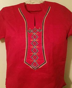 Red embroidered mens shirt. Fits large or XL African Groom Attire, Suit Wedding Guest, African Wear Designs, Wedding Guest Suits, Ghana Wedding, Shirt With Embroidery