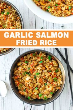 garlic salmon fried rice in a skillet with chopsticks on the side and an orange text overlay that reads garlic salmon fried rice