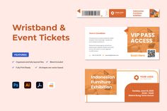 an orange and white ticket with the words, wristband & event tickets