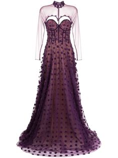 violet purple tulle overlay semi-sheer overlay polka dot embroidery bead detailing cut-out detailing bustier-style neckline concealed rear zip fastening long sleeves fitted waistline full skirt demi-train floor-length Elegant Purple Gown With Sheer Bodice, Long Sleeve Organza Evening Dress With Sheer Bodice, Fitted Tulle Gown With Sheer Sleeves, Purple Party Dress With Sheer Sleeves, Sheer Tulle Evening Dress With Long Sleeves, Fitted Purple Dress With Sheer Sleeves, Fitted Purple Sheer Dresses, Purple Sheer Long Sleeve Dress, Purple Long Sleeve Sheer Dress