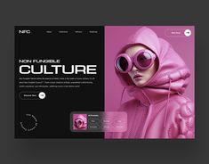 a website page with a woman wearing pink sunglasses and a hoodie on it's head