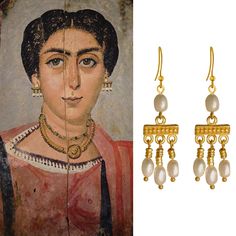 These beautiful dangle earrings are inspired by the Crotalia earrings that were very common in ancient Roman times as documented in the Fayum mummy portraits. Earrings are 24k gold plated accented with four white-ish cultured pearls. Handcrafted. Arabic Earrings, Ancient Earrings, Ancient Jews, Ancient Clothing, Byzantine Earrings, Ancient Roman Jewelry, Byzantine Gold, Ancient Greek Jewelry, Ancient Jewels