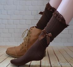 SALE  Thigh high  lace  boot socks,Brown  lace top bow socks ,Knee high socks,  brown  women knee So Cute Fitted Knee-high Socks For Fall, Fitted Brown Mid-calf Socks, Brown Knee-high Winter Socks, Brown Knee-high Socks For Winter, Brown Lace Top, Lace Boot Socks, Bow Socks, Socks Knee High, Pink Socks