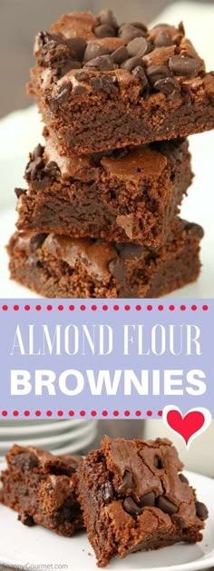 chocolate brownies stacked on top of each other with the words almond flour brownies above them