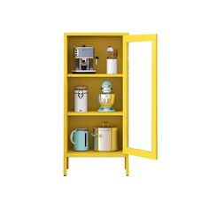 a yellow bookcase with various items on it and an open door to the other side