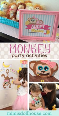 a collage of photos with monkeys and other items in the background, including a sign that says monkey party activities