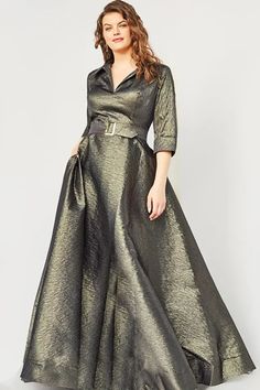 This dress is versatile and perfect for special occasions such as evening events, mother of the bride attire. It is made with high-quality metallic jacquard material and features a classic A-line style. The elegant belted waist and pleated skirt add sophisticated details to the long silhouette. The dress has a closed back with a zipper and is designed with a v-neckline and stand collar. It also has 3/4 length sleeves, adding to its timeless appeal. The olive color adds a touch of uniqueness to t White Grad Dress, Bride Plus Size, Mother Of The Bride Plus Size, Plus Size Evening Gown, Bride Attire, Jovani Dresses, Evening Dresses Plus Size, Olive Color, Dress Backs