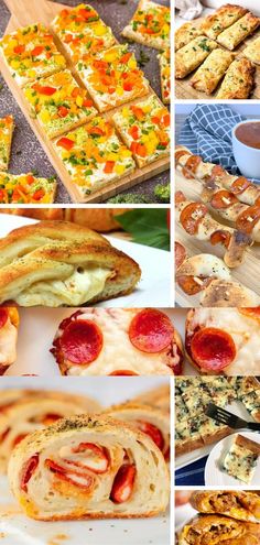 many different types of pizzas and pastries are shown in this photo collage