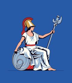 an illustration of a woman in ancient greek dress holding a spear and sitting on the ground