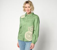 A trending button-front style in a silky woven feels fresh -- and so right for the summer/fall transition -- thanks to a charming crochet applique. From Denim & Co.® Fashions. Spring Cotton Blouse With Crochet Trim, Spring Green Blouse With Lace Trim, Spring Button-up Blouse With Lace Trim, Spring Crochet Trim Blouse, Summer Fall Transition, Applique Top, Fall Transition, Button Front Top, Crochet Applique