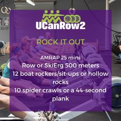 a group of people working out on rowing bikes in a gym with the text rock it out