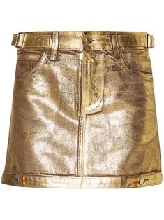 gold-tone cotton foiled finish concealed fly and button fastening belt loops adjustable side straps classic five pockets straight hem thigh-length Spring Metallic Fitted Mini Skirt, Fitted Gold Mini Skirt With Lining, Elegant Gold Mini Skirt, Glamorous Fitted Gold Mini Skirt, Gold Mini Skirt With Lining, Gold Mini Skirt, Latest Skirts, Yoko London, Wardrobe Edit