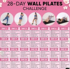 the 28 - day wall pilates challenge is shown in pink and white, with four different