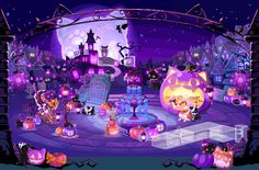 an animated halloween scene with pumpkins and witches