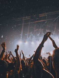 a crowd of people at a concert with their hands in the air and lights on