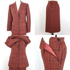 ILGWU Evan Picone Plaid Wool Skirt Suit, Brick Red. Blazer: Chest  36“ Shoulder to Shoulder 15.5“ Sleeves 23.5“ Shoulder to Hem 25.5“ Skirt: Waist 24" Length 28-3/4" Dry Clean Only. 80% Wool 20% Polyester. Made in the USA. With pleat detail along the waist, button & clasp closure and 2 pockets on the skirt. The blazer has very thin shoulder pads sewn into the lining to hold its structure, the pockets on the blazer are faux. The suit is fully lined. Quality made. Gently worn vintage condition! Be 1940s Fashion Women, 1940s Suit, 80s Skirt, Plaid Wool Skirt, Vintage Suits, Dark Academia Aesthetic, Red Blazer, Academia Aesthetic, Wool Skirt