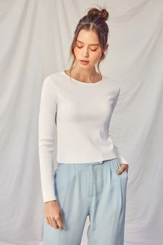 Idem Ditto Twisted Backless Long Sleeve Knit Top – Ply Style Chic Ribbed Fitted Top, Chic Stretch Cropped Long Sleeve Top, Fitted Fine Knit Long Sleeve Top For Spring, Chic Cropped Long Sleeve Stretch Top, Chic Long Sleeve Top With Minimal Stretch, Chic Fitted Long Sleeve Fine Knit Top, Chic Long Sleeve Top Minimal Stretch, Chic Cropped Long Sleeve Top For Summer, Solid Trendy Crop Knit Top