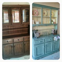 an old china cabinet is painted blue and has plates on it