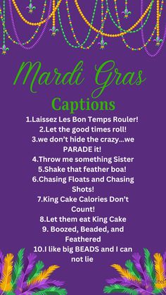 the mardi gras carnivals flyer is shown in purple, green and yellow