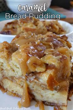 caramel bread pudding on a white plate