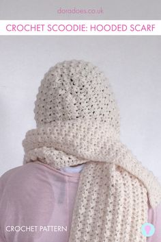 a crochet hooded scarf is shown with the text, crochet hoodie scarf