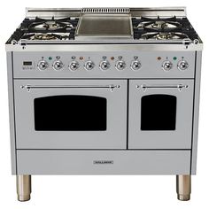 a silver stove top oven with two burners on each side and one door open