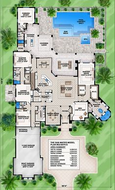 the floor plan for this luxury home is shown in two separate sections, with an outdoor pool