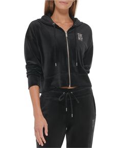 This soft, wear-everywhere hoodie from DKNY Sport gets the sparkle treatment with a rhinestone-studded logo. Hooded with drawstring; front zipper closure; rhinestone-studded logo; hip pockets Polyester/spandex Machine washable Imported Hoodie Sweatshirt Dress, Purple Sweatshirt, Velour Hoodie, Drawstring Hoodie, Sweatshirt Dress, Colorful Hoodies, Long Sleeve Sweatshirts, Missoni, Zip Up