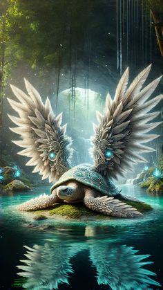 a turtle with wings sitting on top of a body of water